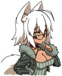  animal_ears breasts choker cleavage dark_skin deku_(dekunosu) fox_ears glasses large_breasts simple_background solo tail upper_body white_background white_hair yellow_eyes 