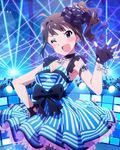  ;d ahoge armlet audience blush bracelet brown_hair choker dress fingerless_gloves gloves glowstick idolmaster idolmaster_million_live! jewelry necklace official_art one_eye_closed open_mouth pose purple_eyes side_ponytail smile solo stage sweatdrop yokoyama_nao 