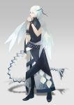  1boy arm_at_side armband black_footwear caviar eyepatch food_fantasy full_body grey_background grey_eyes hand_up highres mei1016 personification shoes simple_background solo standing tail white_hair wings zipper 