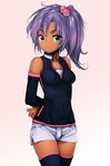  arms_behind_back bare_shoulders black_legwear blue_eyes breasts dark_skin detached_sleeves gradient gradient_background gundam hair_bobbles hair_ornament medium_breasts purple_hair rachel_ransom sd_gundam_g-generation short_hair short_shorts shorts side_ponytail simple_background smile solo thighhighs zizi_(zz22) 