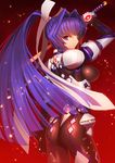  armor ass blue_hair bodysuit breasts katana long_hair looking_at_viewer looking_back medium_breasts mitsurugi_meiya muvluv muvluv_alternative pilot_suit ponytail purple_eyes skin_tight solo sword very_long_hair weapon yangsion 