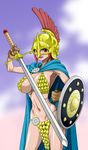  1girl armor armpits breasts cape dressrosa gladiator gloves helmet highres hips large_breasts legs navel nel-zel_formula one_piece open_mouth princess rebecca_(one_piece) red_hair shield short_hair simple_background smile standing sword thighs weapon 