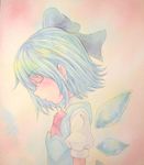  acrylic_paint_(medium) blue_hair blush_stickers bow cirno closed_eyes graphite_(medium) hair_bow highres ice ice_wings profile short_hair solo touhou traditional_media watercolor_(medium) wings yuyu_(00365676) 