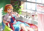  alice_margatroid bathtub blonde_hair blue_eyes bug butterfly capelet cat claw_foot_bathtub cup dress emerane faucet flower hairband holding insect shelf short_hair smile solo tea teacup touhou towel window 