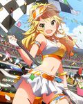  :d armlet audience blonde_hair breasts camera_flash car checkered checkered_flag cleavage confetti earrings fingerless_gloves flag gloves green_eyes ground_vehicle hoshii_miki idolmaster idolmaster_(classic) idolmaster_million_live! jewelry long_hair looking_at_viewer medium_breasts midriff motor_vehicle navel official_art open_mouth race_queen racecar racetrack racing skirt smile visor_cap 