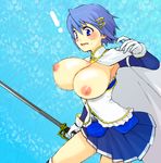  1girl blue_eyes blue_hair blush breast_expansion breasts breasts_outside dress female mahou_shoujo_madoka_magica miki_sayaka misochige nipples open_mouth shaft short_hair solo standing sword weapon 