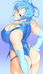  ass bare_shoulders blue_eyes blue_hair blue_leotard bowalia breasts cleavage elbow_gloves gloves hair_ornament hand_on_ass huge_breasts kaku_seiga leotard lipstick looking_at_viewer looking_back makeup muscle muscular_female older short_hair smile solo thong_leotard touhou 