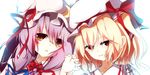  ayatan-kiri blush bow crescent fang flandre_scarlet hands_together hat hat_bow hat_ribbon highres multiple_girls patchouli_knowledge purple_hair red_eyes ribbon touhou 