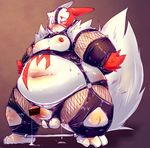  ball_gag balls bdsm blush bondage bound chiro_(artist) chubby erection fishnet fur gag leather male markings moobs nintendo nipples obese overweight penis pok&#233;mon pok&eacute;mon precum red_eyes red_markings rubber solo spread_legs spreader_bar spreading sweat video_games white_fur zangoose 