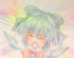  &gt;_&lt; acrylic_paint_(medium) blue_hair bow cirno closed_eyes emphasis_lines graphite_(medium) hair_bow ice ice_wings short_hair shouting solo touhou traditional_media watercolor_(medium) wings yuyu_(00365676) 