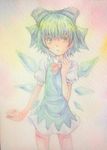  3: acrylic_paint_(medium) blue_eyes blue_hair bow cirno dress finger_to_chin graphite_(medium) hair_bow highres ice ice_wings short_hair solo thinking touhou traditional_media watercolor_(medium) wings yuyu_(00365676) 