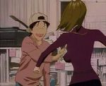  1boy 1girl 90s anger angry animated animated_gif baseball_cap breast_grab golden_boy grabbing hat humor k.o. lipstick lowres makeup oe_kintaro ooe_kintarou punch punching 