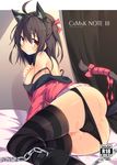  ahoge animal_ears ankle_cuffs areolae ass bed_sheet black_hair black_legwear black_panties blush breasts brown_eyes cat_ears cat_tail chain chiri_(atlanta) cover hair_ribbon large_breasts looking_back meina_(atlanta) original panties panty_pull pussy_juice ribbon short_hair solo strap_slip striped striped_legwear tail tail_ribbon text_focus thighhighs underwear 