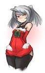 ahoge arceonn arms_behind_back bare_shoulders black_legwear blush breasts christmas cowboy_shot cropped_legs heterochromia highres infinite_stratos laura_bodewig red_eyes red_skirt silver_hair skirt small_breasts smile solo thighhighs two_side_up wide_hips yellow_eyes 