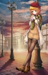  beret blonde_hair blue_eyes boots breath building cloud coat cobblestone coffee cup fangxiang_cuoluan fashion hat highres lamppost leaning original pantyhose scarf short_hair sky solo sweater 