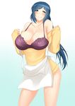  absurdres apron bad_id bad_pixiv_id blue_background blue_eyes blue_hair bra breasts cleavage gradient gradient_background gundam gundam_build_fighters highres huge_breasts iori_rinko lace lace-trimmed_bra long_hair looking_at_viewer mature megatama purple_bra smile solo underwear 