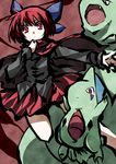  bow capelet crossover fang gen_2_pokemon hair_bow hemogurobin_a1c larvitar looking_at_viewer open_mouth outstretched_arm pokemon pokemon_(creature) red_eyes red_hair sekibanki skirt touhou tyranitar 