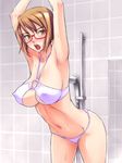  1girl armpits arms_up bath bathroom bikini blush breasts brown_eyes brown_hair covered_nipples erect_nipples glasses highres hips large_breasts legs looking_at_viewer navel nightmare_express open_mouth shimano_natsume short_hair solo standing swimsuit thighs 