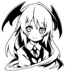  blush deku_(dekunosu) greyscale head_wings koakuma long_hair monochrome necktie simple_background smile solo touhou upper_body white_background 