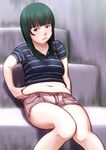  1girl belly_grab brown_eyes female green_hair highres kamisuki legs long_hair midriff muffin_top navel plump shorts sitting solo weight_conscious 