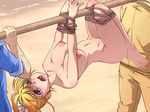  1girl areolae bdsm blonde_hair bondage bound breasts feet hair_ribbon helpless highres large_breasts legs long_hair looking_up navel nightmare_express nipples nude open_mouth ponytail ribbon rope sand shimano_natsume thighs tied_up toes walking yellow_eyes 