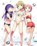  :d ^_^ ahoge arm_hug bad_id bad_pixiv_id barefoot bikini bikini_shorts blonde_hair closed_eyes hinata_yukari ichii_yui long_hair low_twintails multiple_girls navel nonohara_yuzuko open_mouth pink_hair purple_hair red_eyes short_hair shorts smile standing standing_on_one_leg swimsuit tankini tomitayaki twintails v water_drop white_bikini yellow_eyes yuyushiki 