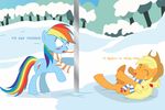  blonde_hair blush crimsonandchaos cutie_mark cyan_fur equine female friendship_is_magic frozen fur hair horse mammal multi-colored_hair my_little_pony orange_fur outside pegasus pony prank rainbow rainbow_dash_(mlp) rainbow_hair snow wings 