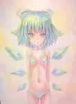  :3 acrylic_paint_(medium) arms_behind_back bikini blue_eyes blue_hair bow cirno collarbone flat_chest graphite_(medium) hair_bow hand_in_hair ice ice_wings navel short_hair simple_background smile solo swimsuit touhou traditional_media watercolor_(medium) white_bikini wings yuyu_(00365676) 