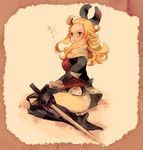  atae blonde_hair bravely_default:_flying_fairy bravely_default_(series) edea_lee gloves green_eyes long_hair pantyhose pout ribbon sepia solo sword weapon 