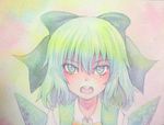 acrylic_paint_(medium) blue_eyes blue_hair bow cirno graphite_(medium) hair_bow ice ice_wings open_mouth short_hair solo teeth touhou traditional_media watercolor_(medium) wings yuyu_(00365676) 