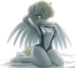  anthro anthrofied areola blonde_hair breasts clothed clothing cutie_mark derpy_hooves_(mlp) equine female friendship_is_magic fur grey_fur hair mammal my_little_pony nipples obsidianlit pegasus skimpy solo text undressing wings 