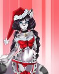  bell black_fur black_hair blue_eyes breasts collar corset feline female fluffy_tail fur grey_fur hair leopard lingerie looking_at_viewer mrawl panties snow_leopard solo underwear 