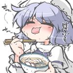  blush chopsticks closed_eyes eating food hat kureha_mitsushige lavender_hair letty_whiterock noodles scarf short_hair solo sweat touhou udon 