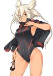  blonde_hair blush breasts competition_swimsuit dark_skin glasses goggles kantai_collection kuronyan long_hair looking_at_viewer medium_breasts musashi_(kantai_collection) one-piece_swimsuit pointy_hair red_eyes shiny shiny_skin short_twintails solo swimsuit twintails 