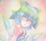  acrylic_paint_(medium) blue_eyes blue_hair bow cirno graphite_(medium) hair_bow highres ice ice_wings looking_at_viewer one_eye_closed open_mouth pointing pointing_at_viewer short_hair solo touhou traditional_media watercolor_(medium) wings yuyu_(00365676) 