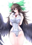  ahoge alternate_costume ass_visible_through_thighs bangs bare_arms bare_legs between_breasts bird_wings black_wings bow breasts bright_background brown_hair cleavage cleavage_cutout closed_mouth collarbone commentary_request eyebrows_visible_through_hair flying_sweatdrops g_(desukingu) gluteal_fold green_bow groin hair_between_eyes hair_bow hands_up highres hips huge_bow huge_breasts leotard long_hair looking_down no_panties red_eyes reiuji_utsuho side-tie_leotard side_slit sideboob solo standing third_eye touhou white_background wings 