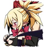  1girl adell_(disgaea) blonde_hair blush bow breast_grab breasts bright_pupils deku_(dekunosu) disgaea earrings elbow_gloves gloves grabbing hetero jewelry large_breasts makai_senki_disgaea_2 nipples pointy_ears red_eyes red_hair rozalin short_hair simple_background upper_body white_background 