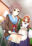  asahina_mikuru book brown_eyes brown_hair cardigan chair grey_hair kita_high_school_uniform long_hair maid multiple_girls nagato_yuki okosan_(pixiv) school_uniform serafuku short_hair sitting suzumiya_haruhi_no_yuuutsu 