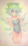  acrylic_paint_(medium) blue_eyes blue_hair bow cirno competition_school_swimsuit graphite_(medium) hair_bow highres ice ice_wings lips one-piece_swimsuit school_swimsuit short_hair solo swimsuit touhou traditional_media watercolor_(medium) wings yuyu_(00365676) 