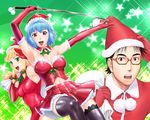  2girls bangs black_eyes black_hair blonde_hair blue_hair blunt_bangs breasts bustier christmas cleavage elbow_gloves glasses gloves green_eyes hat long_hair medium_breasts multiple_girls navel original red_eyes red_gloves sack santa_costume santa_hat short_hair skirt smile sword thighhighs ueyama_michirou weapon zettai_ryouiki 