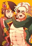  2boys armband bare_chest beard blonde_hair bracelet brown_eyes earrings eyepatch facial_hair green_eyes gungho_online_entertainment jewelry multiple_boys muscle odin_(p&amp;d) okuninushi_(p&amp;d) ookuninushi_(p&amp;d) open_clothes open_mouth open_shirt puzzle_&amp;_dragons scarf shirt 