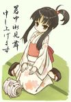  black_hair blush brown_eyes hair_bobbles hair_ornament hands_on_lap japanese_clothes kayari_buta kimono looking_at_viewer mosquito_coil obi original platform_footwear ponytail sandals sash seiza senhappyaku sidelocks sitting solo tatami yukata 