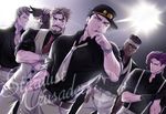  beard brown_hair cigarette dark_skin dark_skinned_male dog facial_hair green_eyes hat iggy_(jojo) jean_pierre_polnareff jojo_no_kimyou_na_bouken joseph_joestar kakyouin_noriaki kotatsu_(g-rough) kuujou_joutarou mohammed_avdol multiple_boys necktie red_hair stardust_crusaders suspenders 