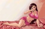  1girl armpits barefoot bed breasts brown_hair cleavage collarbone curvy final_fantasy final_fantasy_vii hips huge_breasts knees legs lying midriff nail nails navel red_eyes shorts smile solo tifa_lockhart tongue tongue_out underboob wbd wide_hips 