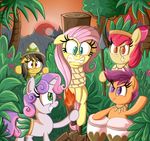  amber_eyes apple_bloom_(mlp) black_hair blue_eyes bound bow bush cutie_mark_crusaders_(mlp) danielsplatter daring_do_(mlp) drumbs equine female fire fluttershy_(mlp) friendship_is_magic green_eyes grey_hair group hair horn horse jungle mammal mountain my_little_pony necklace palm_tree pegasus pink_hair pith_helmet polearm pony purple_eyes purple_hair rope scared scootaloo_(mlp) spear sunset sweetie_belle_(mlp) torch tree two_tone_hair unicorn wings 