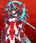  2d black_eyes black_hair breasts covered_navel egasumi groin headgear highres katana long_hair looking_at_viewer mecha_musume medium_breasts original petals red_background solo sword weapon 