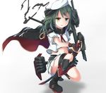  bad_id bad_pixiv_id boots cape green_eyes hat heterochromia kantai_collection kiso_(kantai_collection) looking_at_viewer mecha_musume midriff navel parted_lips remodel_(kantai_collection) rin_yuu scar school_uniform serafuku shadow skirt solo squatting sword weapon yellow_eyes 