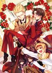  armor blonde_hair blue_eyes blush brown_hair earrings facial_hair fate/zero fate_(series) formal gilgamesh goatee hair_slicked_back headband jewelry kotomine_kirei male_focus multiple_boys parody staff suit sunday31 toosaka_tokiomi 