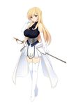  blonde_hair boots breast_expansion breasts elbow_gloves gloves highres huge_breasts knight long_hair nehani_(tworship) original overskirt pleated_skirt red_eyes simple_background skirt solo sword thigh_boots thighhighs weapon white_background white_gloves white_legwear zettai_ryouiki 