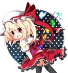  ayatan-kiri black_legwear blush bow flandre_scarlet hat hat_bow red_eyes side_ponytail solo thighhighs touhou wings 